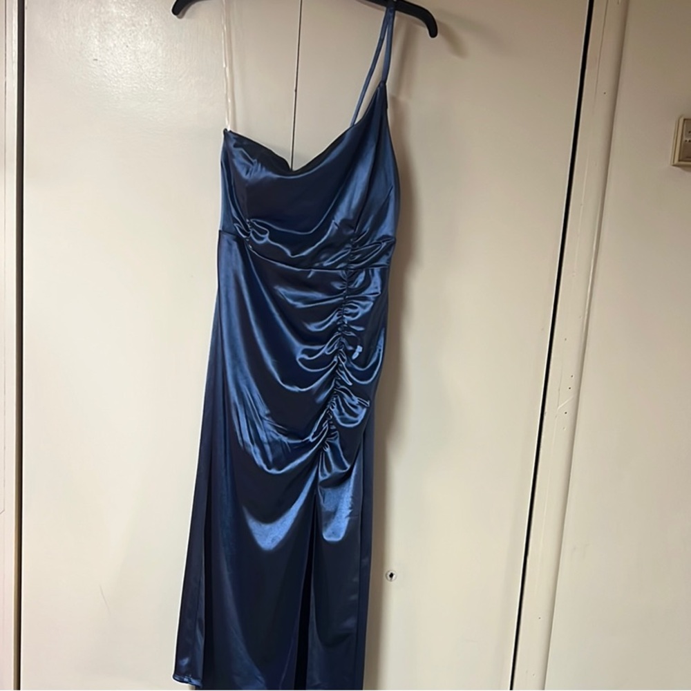 Emerald Sundae Blue Ruched Asymmetrical Sundress